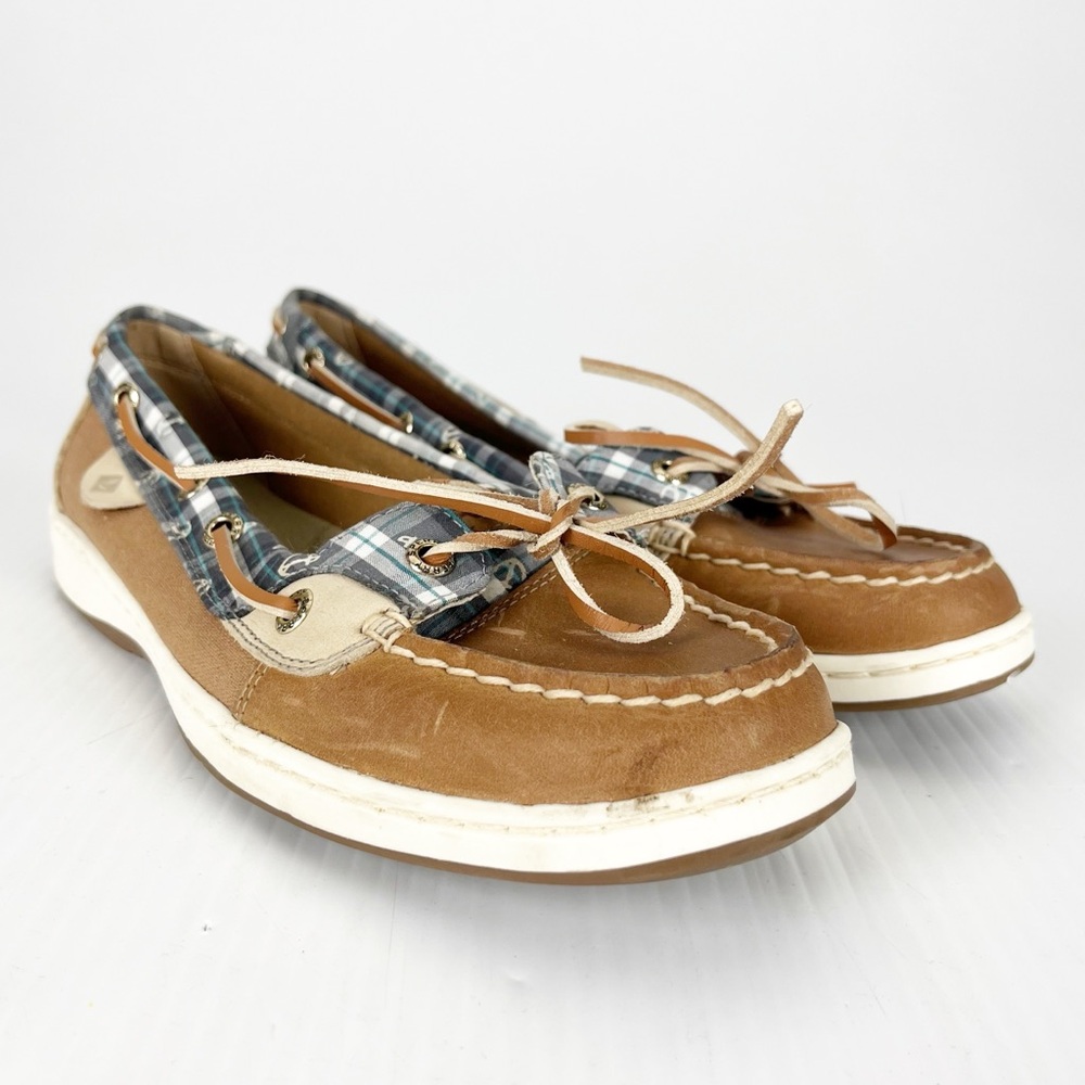 Sperry Top Sider Angelfish Varsity Tan Leather Plaid Boat Shoes